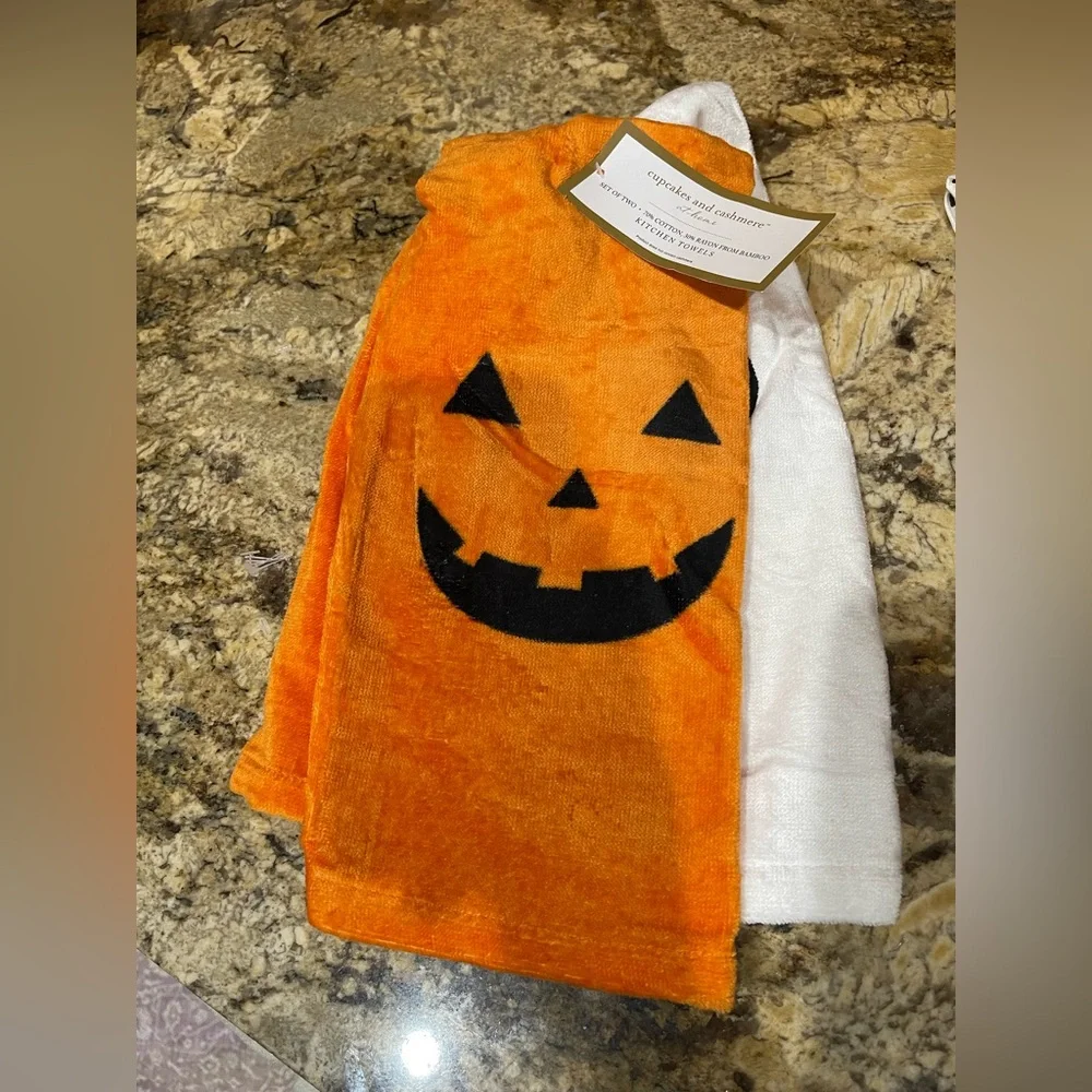 Cupcakes and Cashmere kitchen towel set - jack o’lantern and ghost faces NEW!